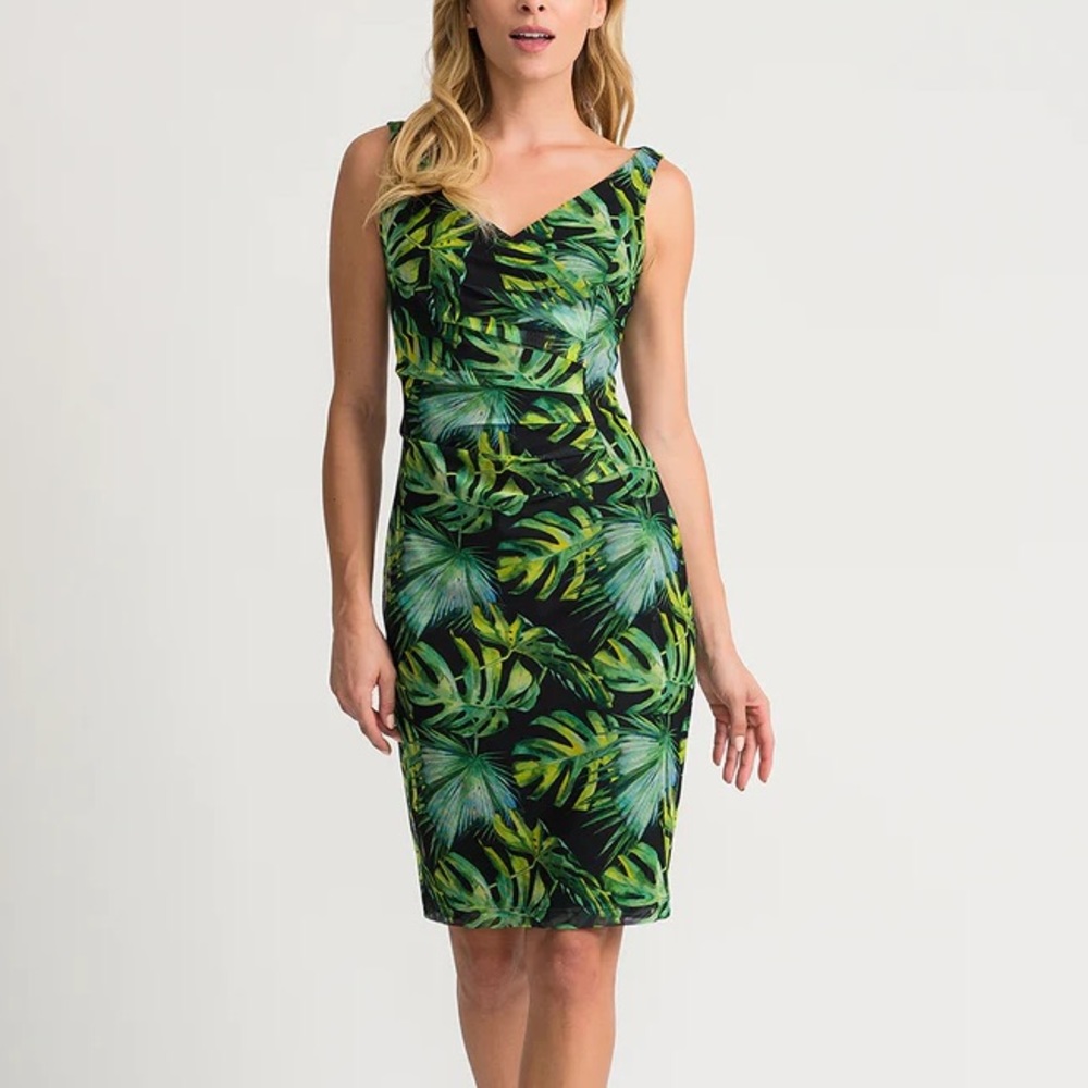 Joseph Ribkoff Tropical Leaf Green Mesh Midi Dress